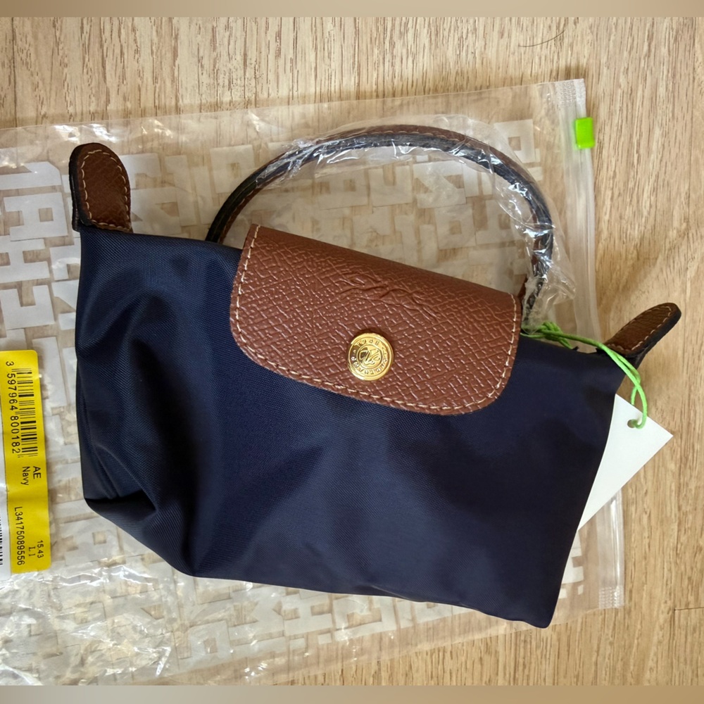 Longchamp Navy Mini Nylon Handbag with Brown Leather Trim